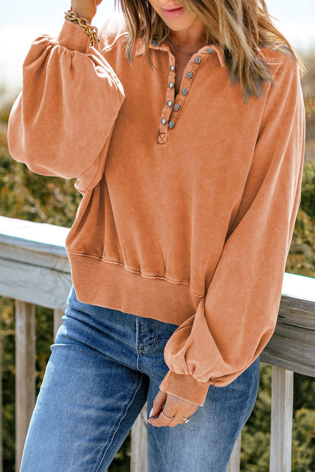 Gray Washed Snap Buttons Lantern Sleeve Pullover Sweatshirt