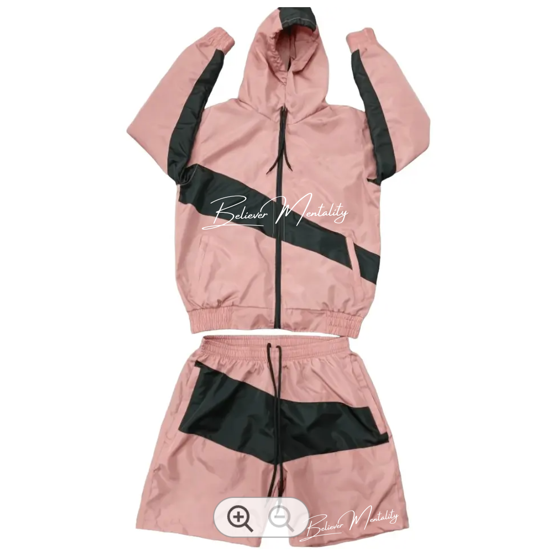 PINK & BLACK 2 PC WINDBREAKER SHORT W/ JACKET SET