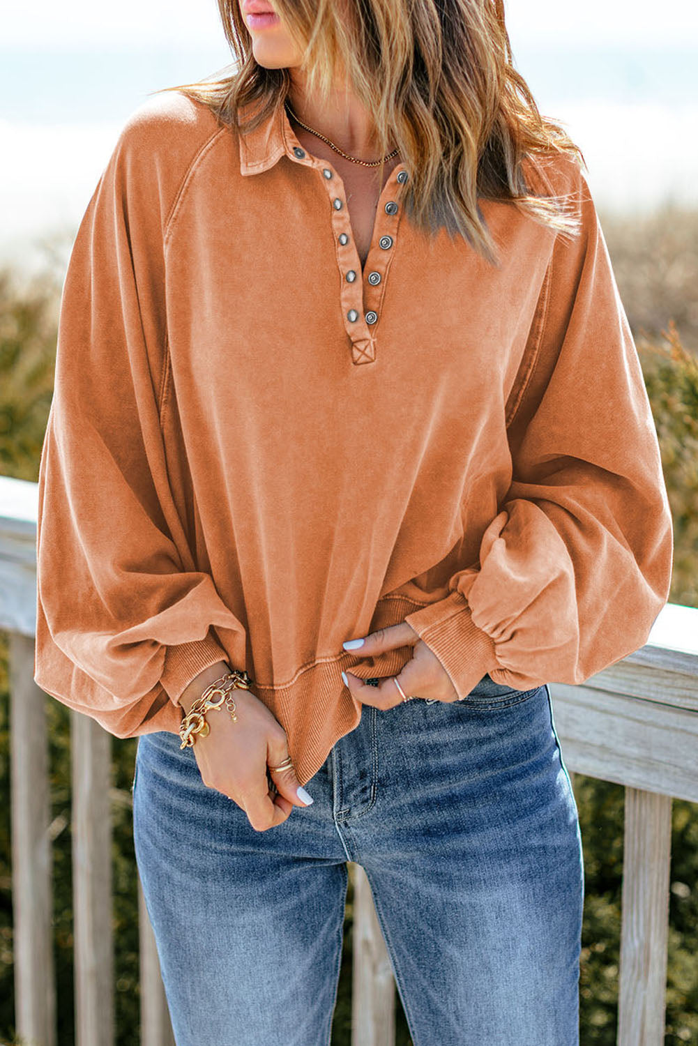 Gray Washed Snap Buttons Lantern Sleeve Pullover Sweatshirt