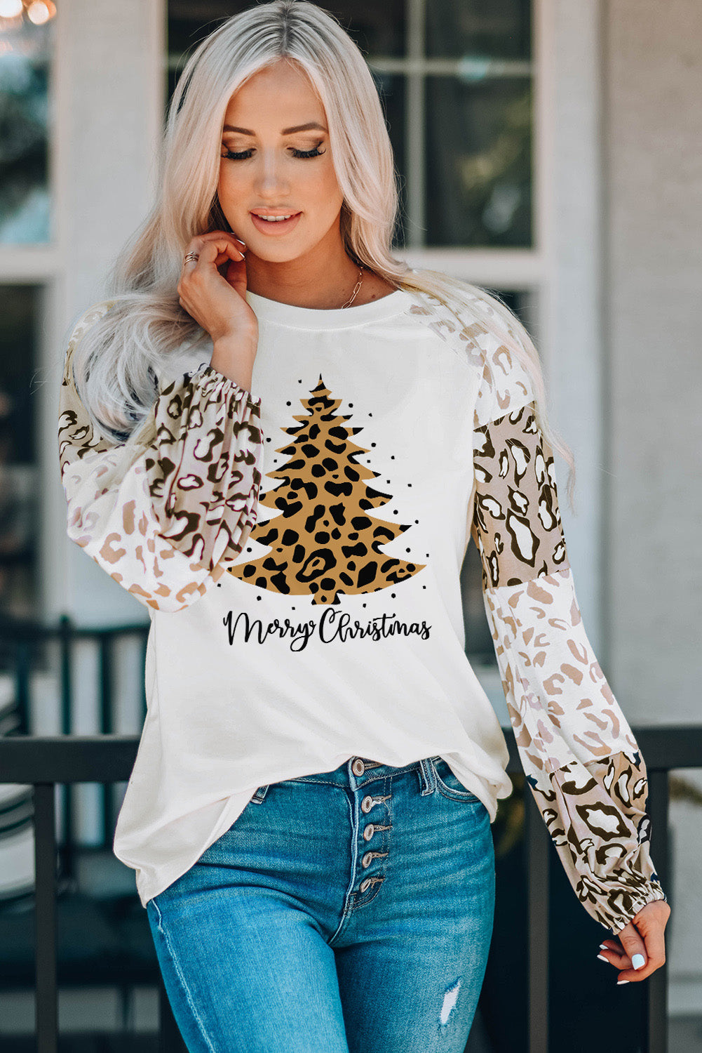 Beige Leopard Print Bubble Sleeve Top