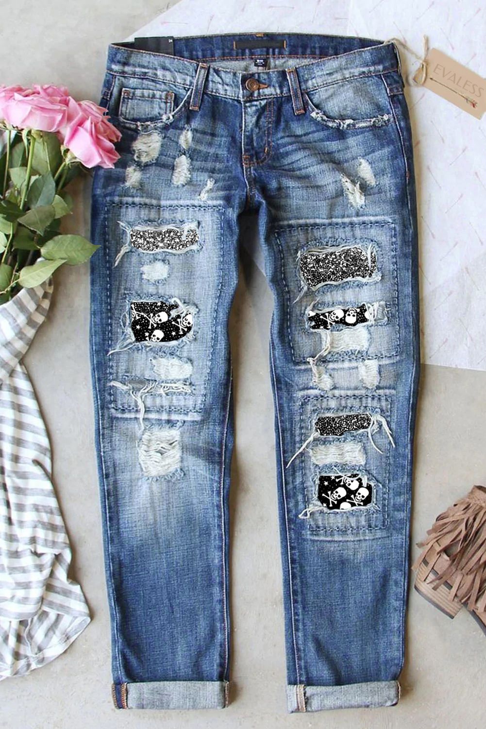 Butterfly Glitter Patchwork Acid Wash Distressed Jeans