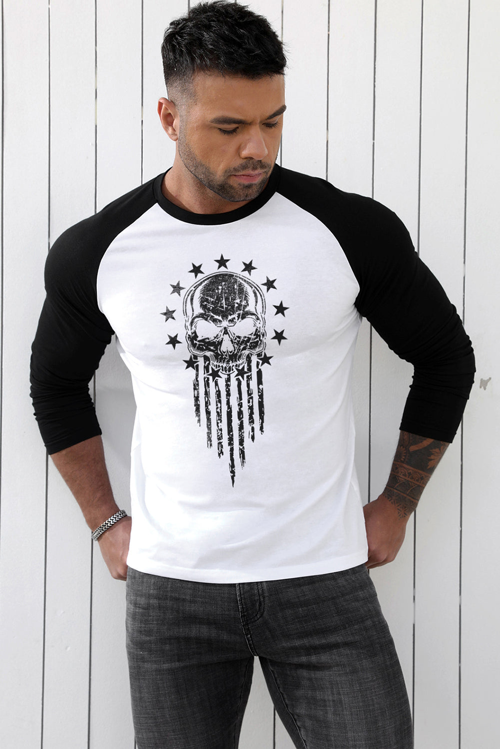 Men's Letter Skull Print Color Block Long Sleeve Top