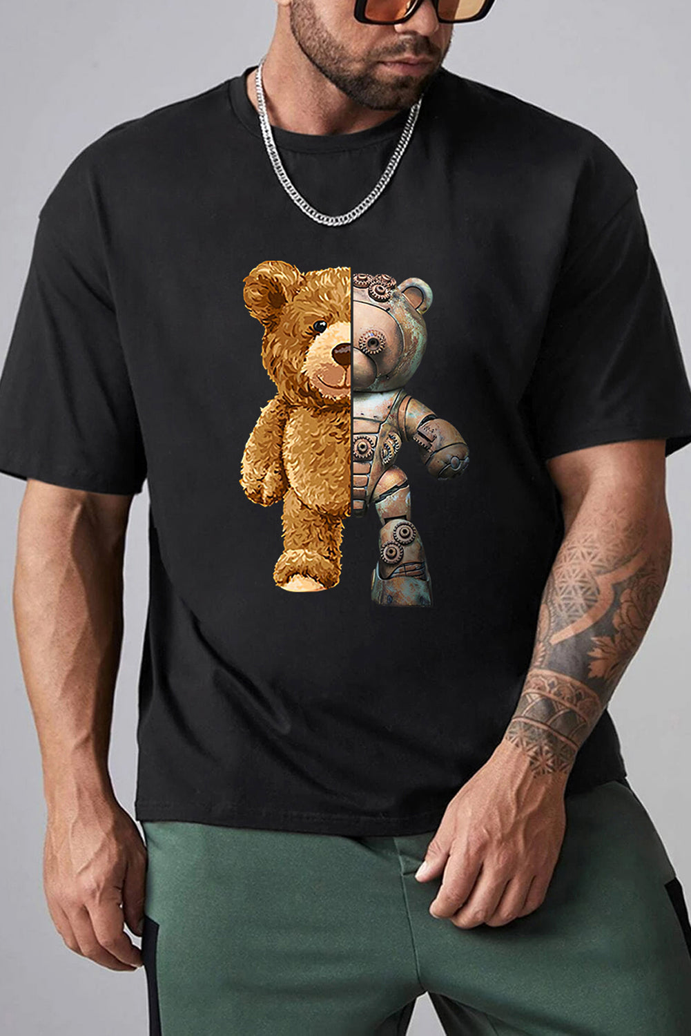 Robotic Bear Print Loose Drop Shoulder Men's T-shirt