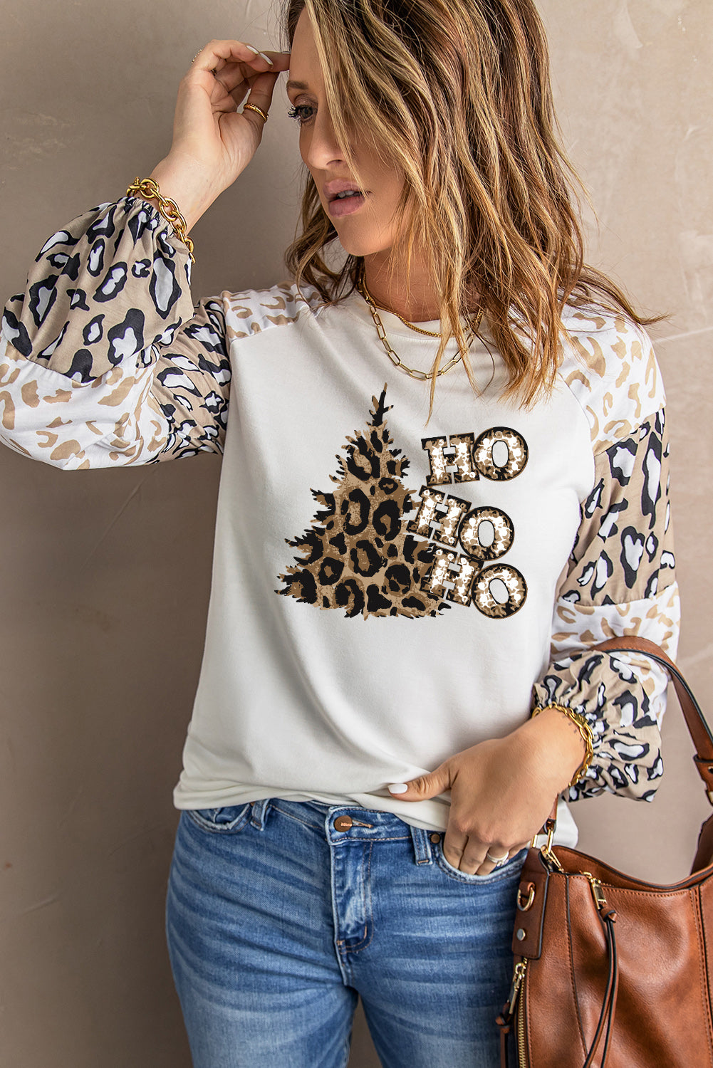 Beige Leopard Print Bubble Sleeve Top