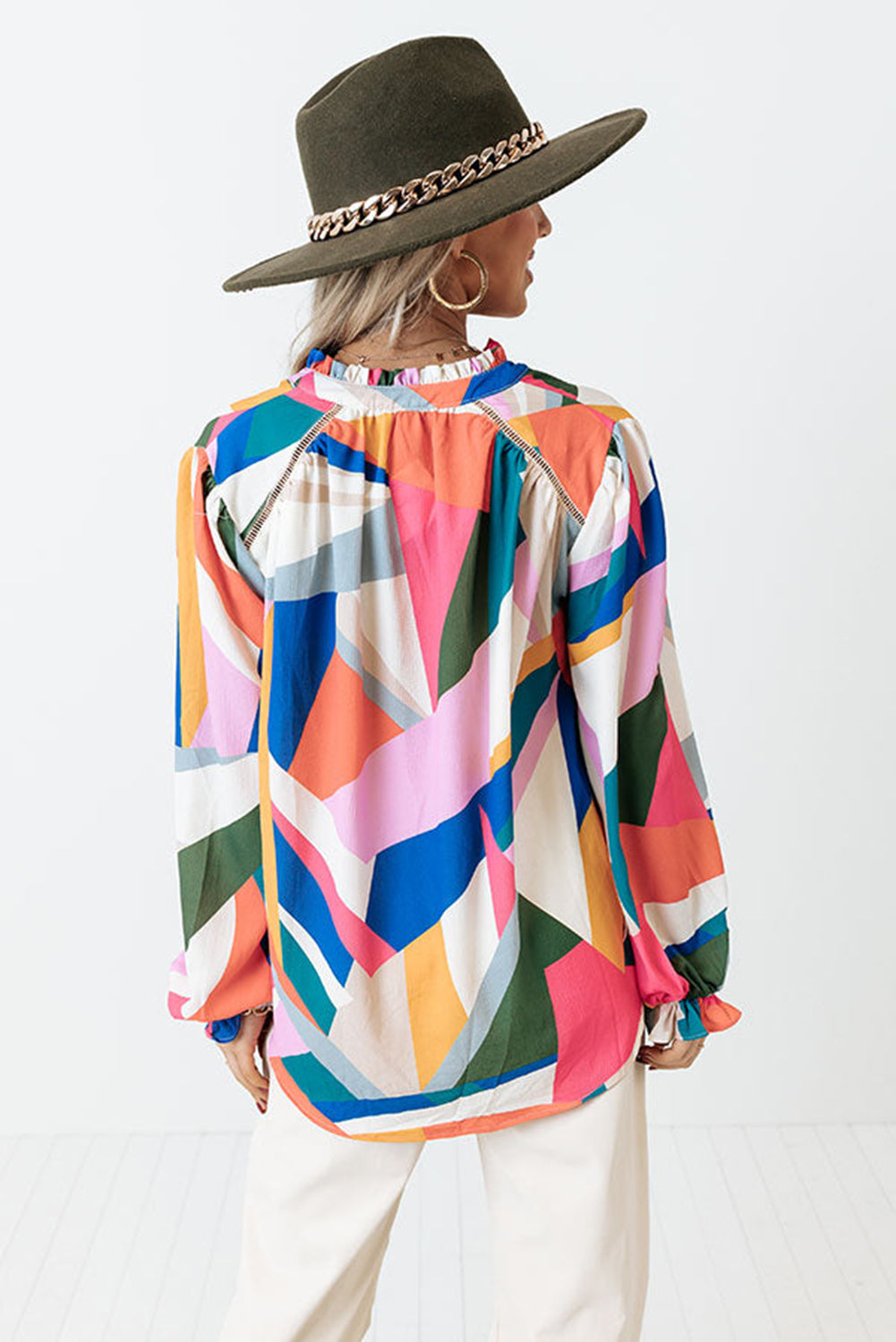 Geometric Patchwork Print Half Buttoned Blouse