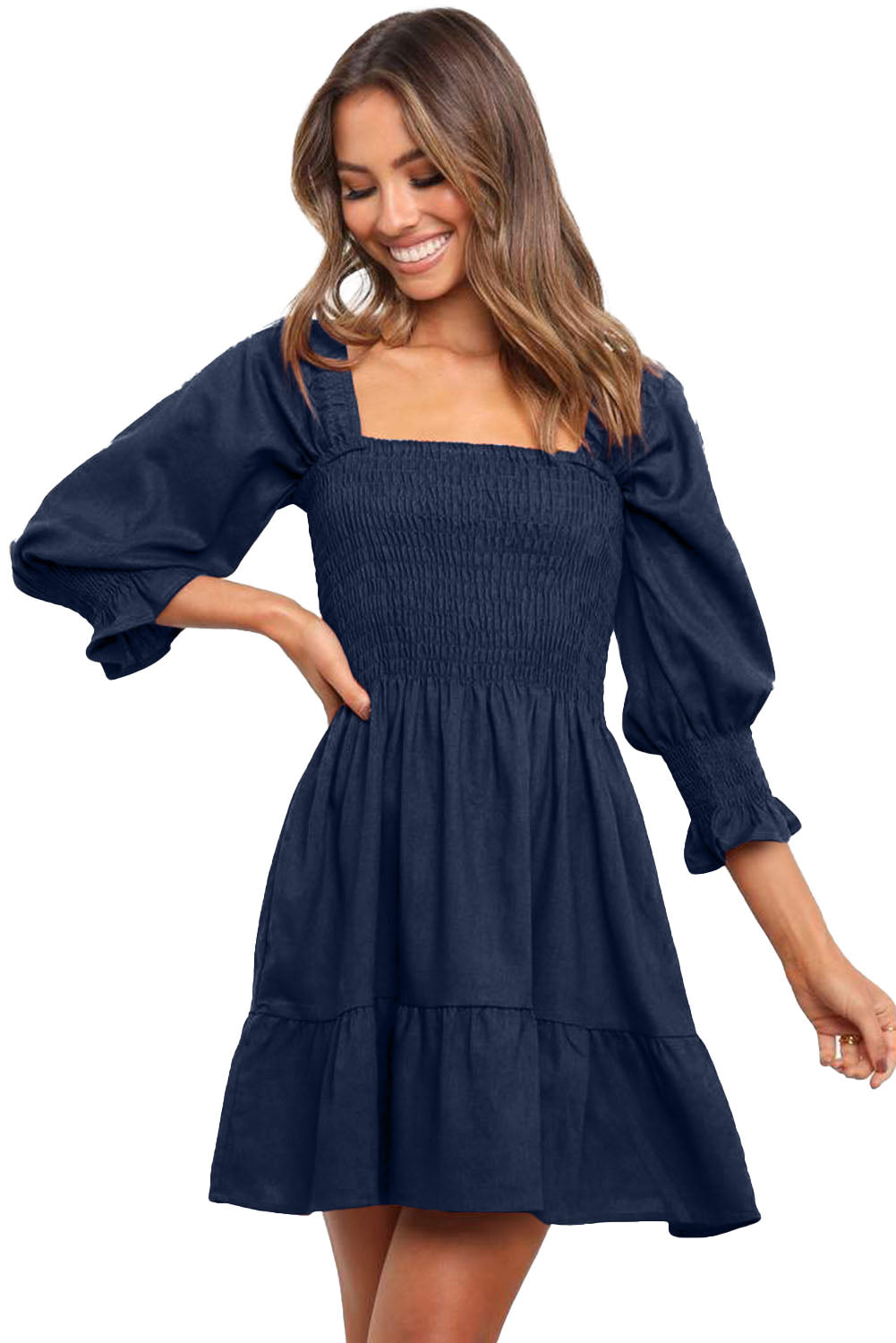 Square Neck Smocked Balloon Sleeve A-line Dress