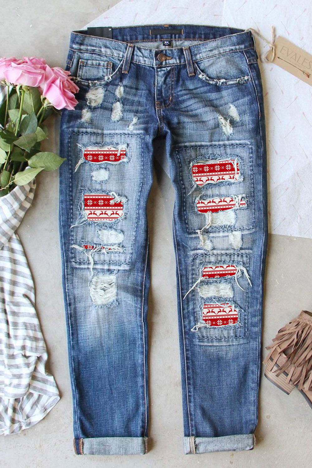 Butterfly Glitter Patchwork Acid Wash Distressed Jeans