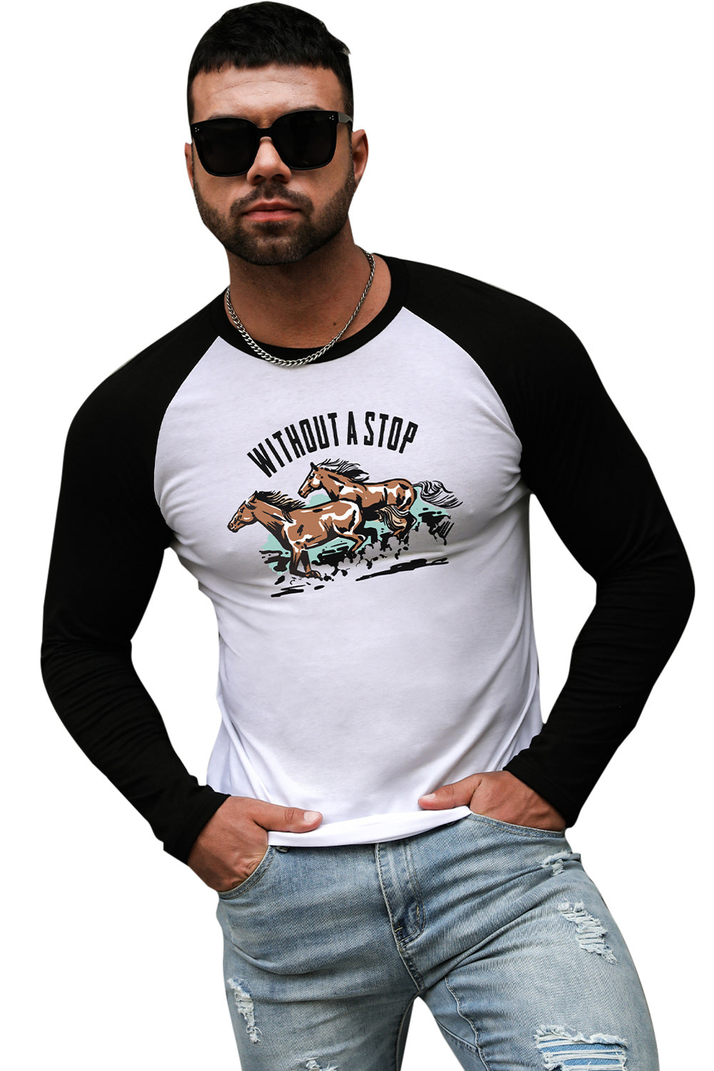 WITHOUT A STOP Horse Print Color Block Men's Top