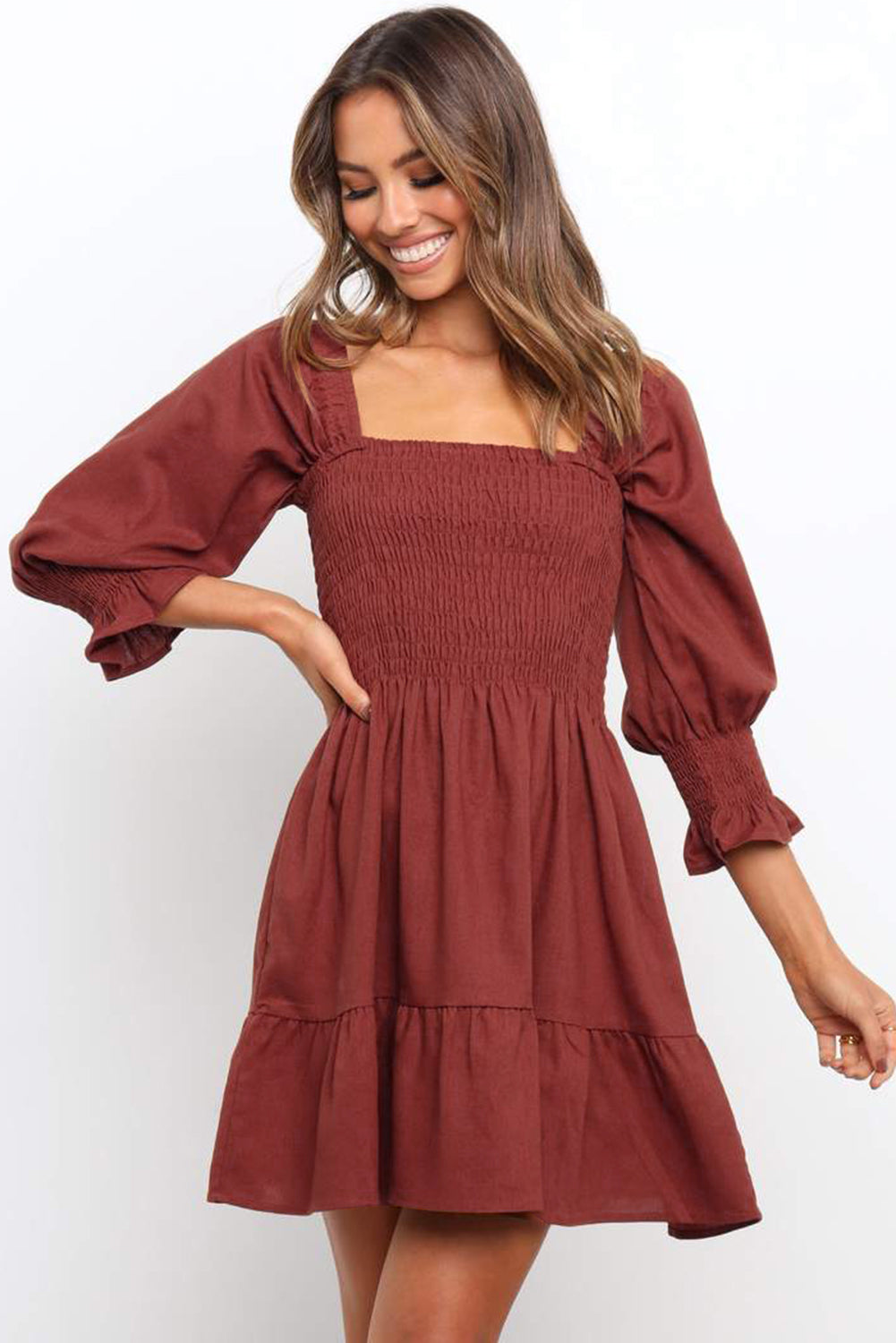 Square Neck Smocked Balloon Sleeve A-line Dress