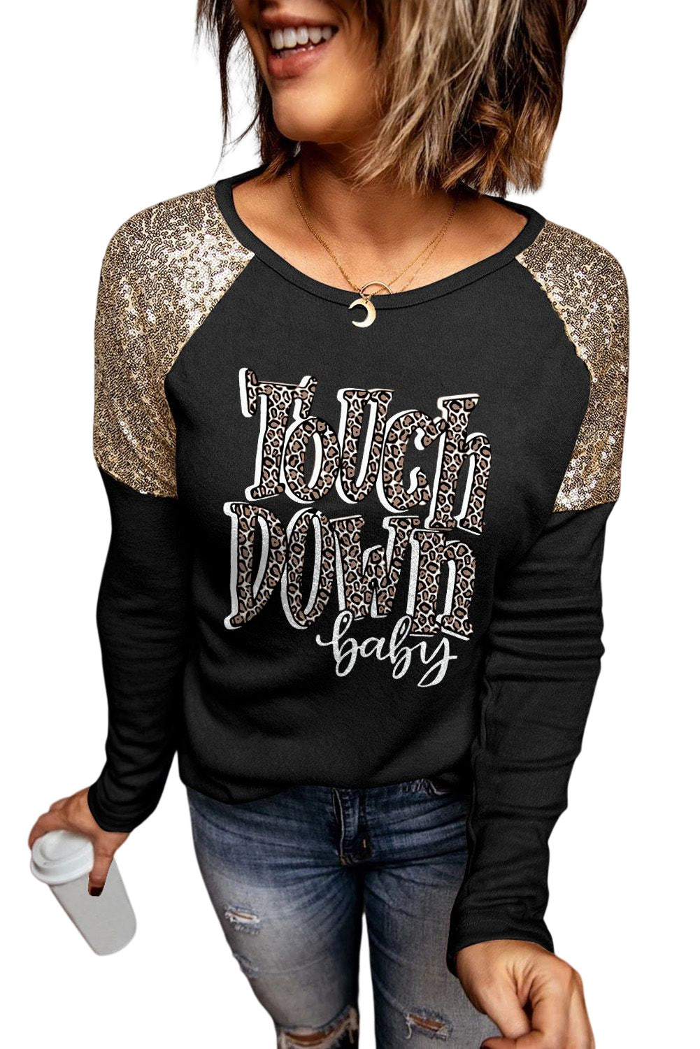 Let's Get Smashed Pumpkin Glitter Print Sequin Contrast Top