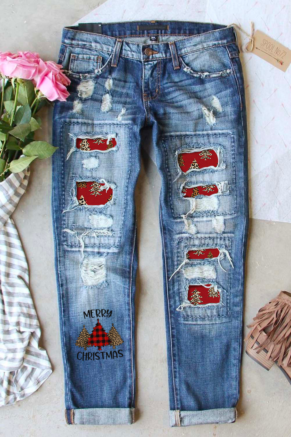 Butterfly Glitter Patchwork Acid Wash Distressed Jeans