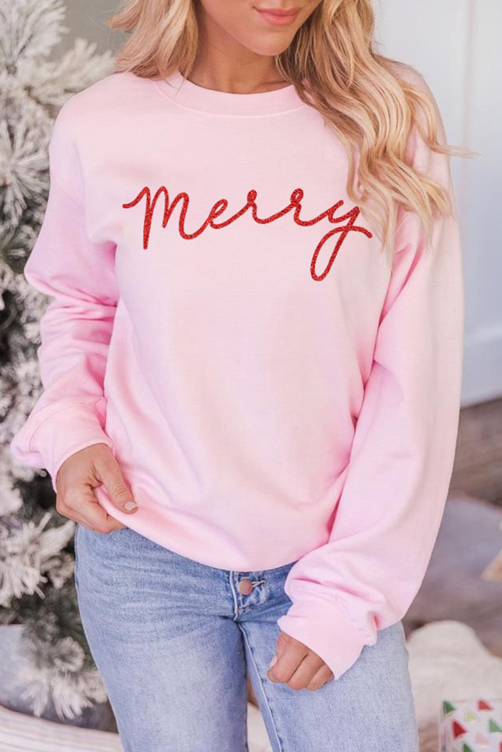 Merry Christmas Graphic Print Long Sleeve Sweatshirt