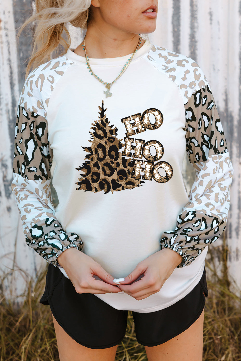 Beige Leopard Print Bubble Sleeve Top