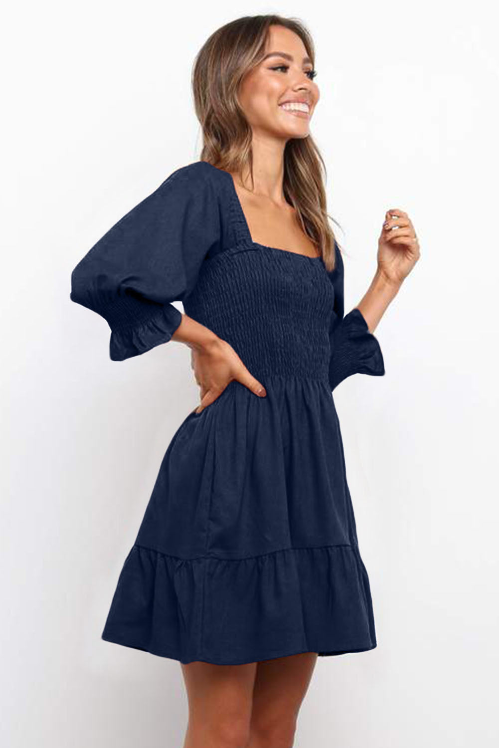 Square Neck Smocked Balloon Sleeve A-line Dress