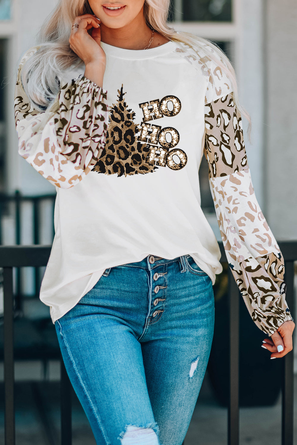 Beige Leopard Print Bubble Sleeve Top