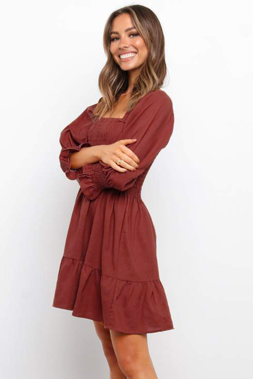 Square Neck Smocked Balloon Sleeve A-line Dress