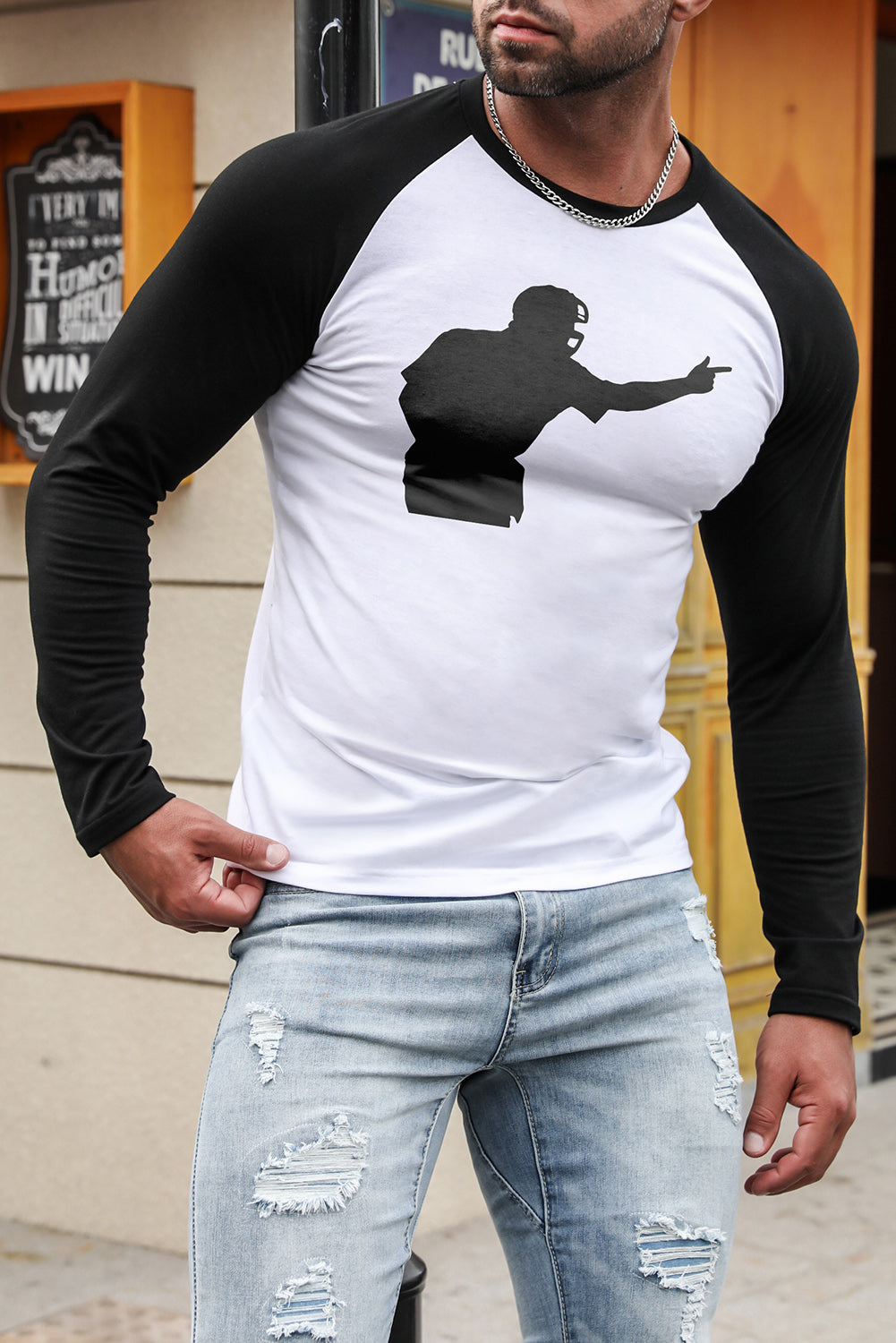 Men's Letter Skull Print Color Block Long Sleeve Top