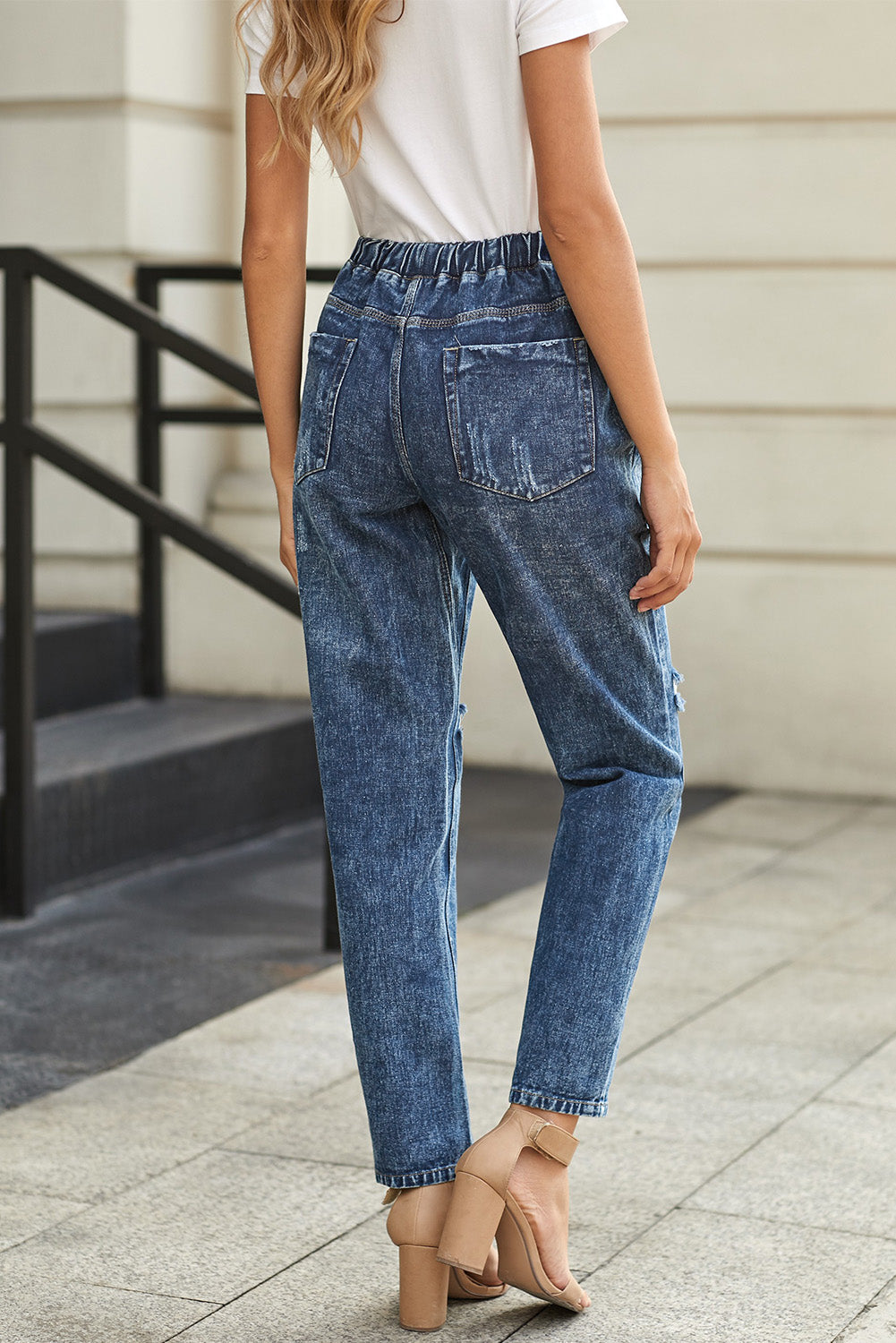 Gather Round Distressed Pocketed Denim Jogger