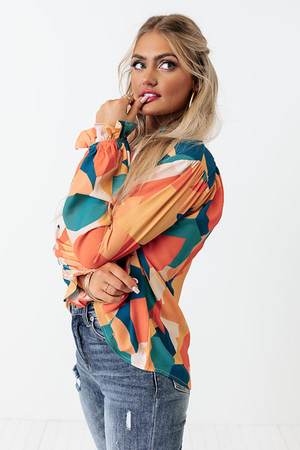 Geometric Patchwork Print Half Buttoned Blouse