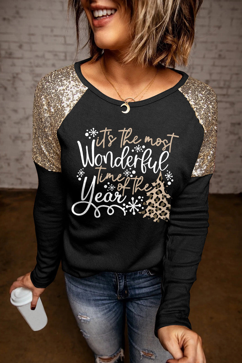 Let's Get Smashed Pumpkin Glitter Print Sequin Contrast Top