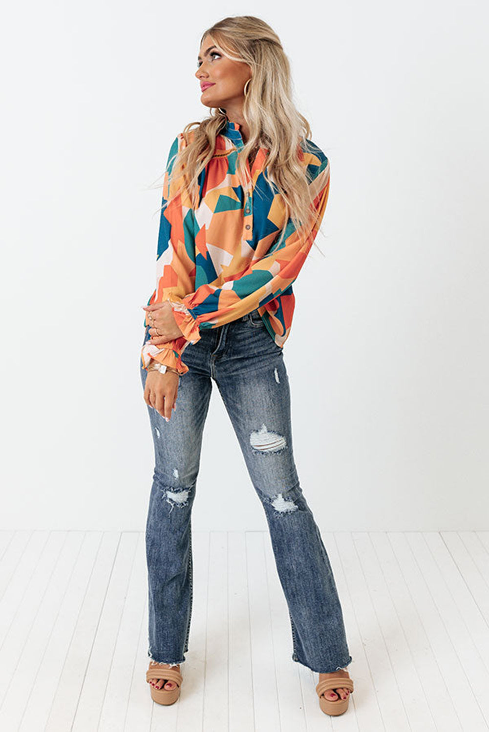 Geometric Patchwork Print Half Buttoned Blouse