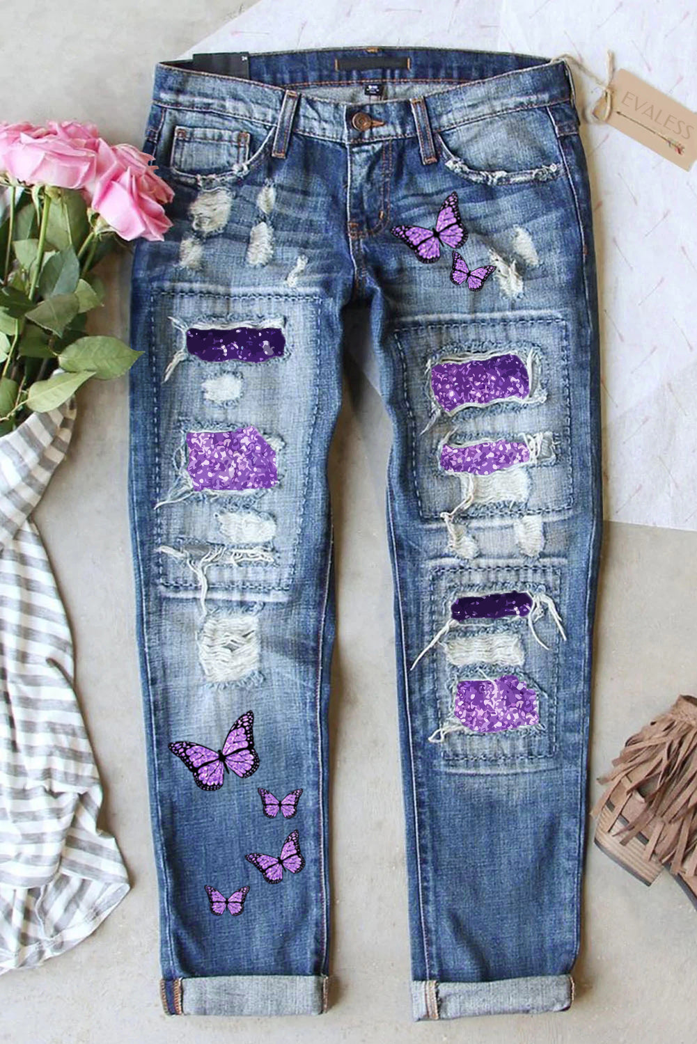 Butterfly Glitter Patchwork Acid Wash Distressed Jeans