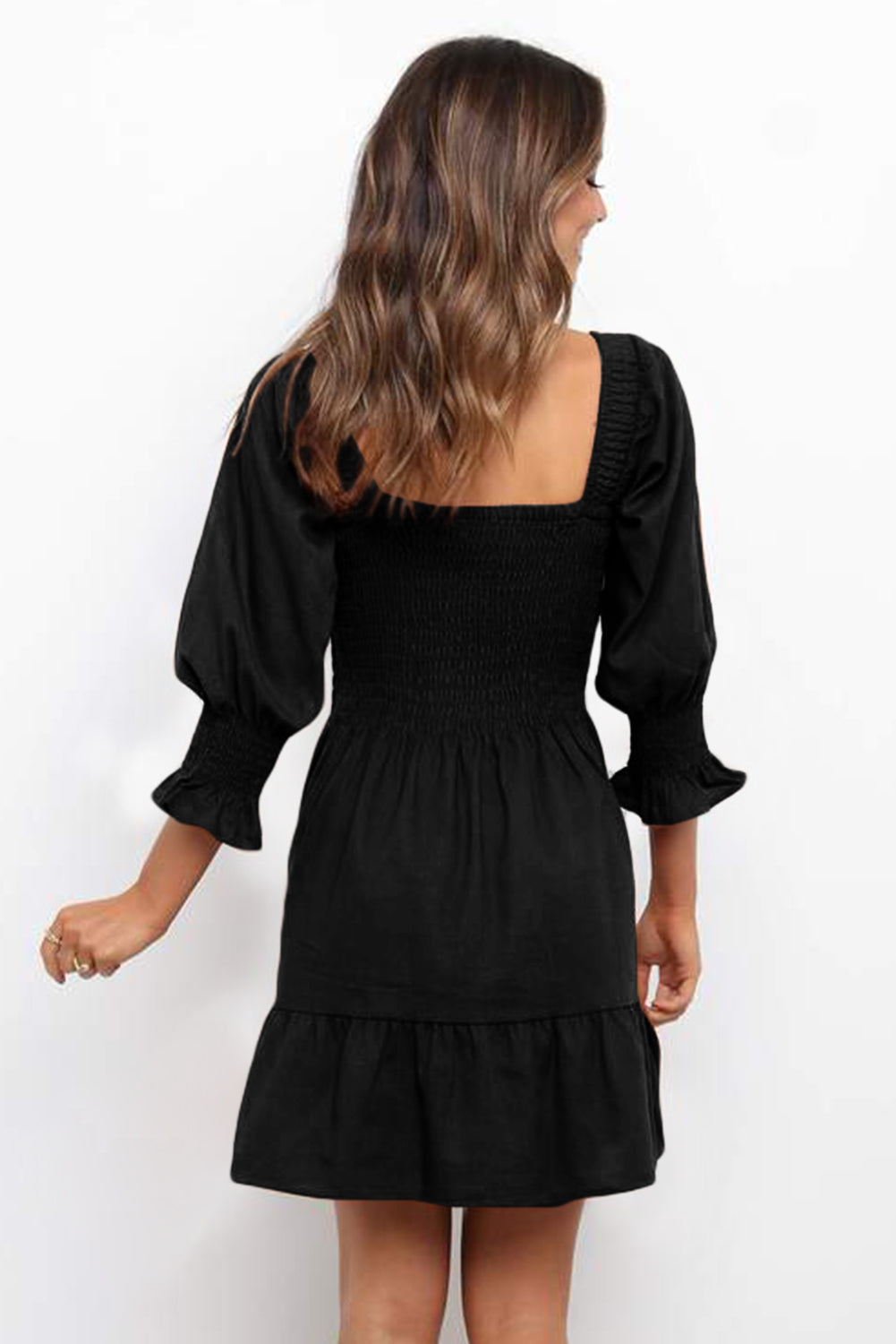 Square Neck Smocked Balloon Sleeve A-line Dress