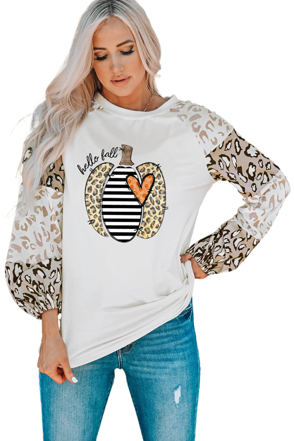 Beige Leopard Print Bubble Sleeve Top