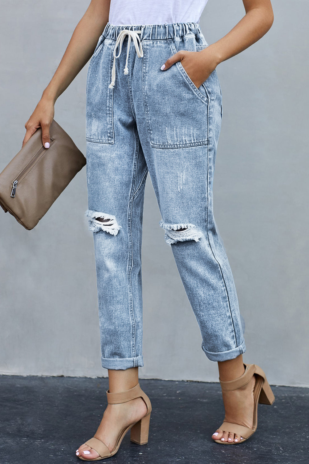 Gather Round Distressed Pocketed Denim Jogger