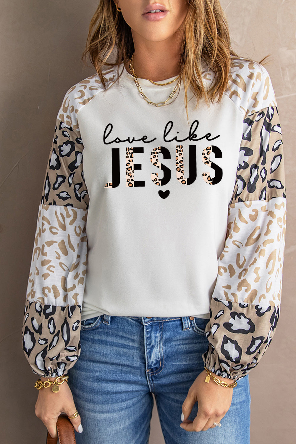 Beige Leopard Print Bubble Sleeve Top