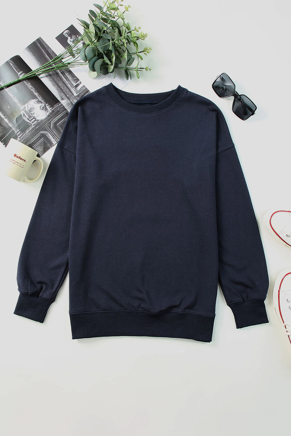 Dark Blue Oversized Solid Drop Shoulder Sweatshirt