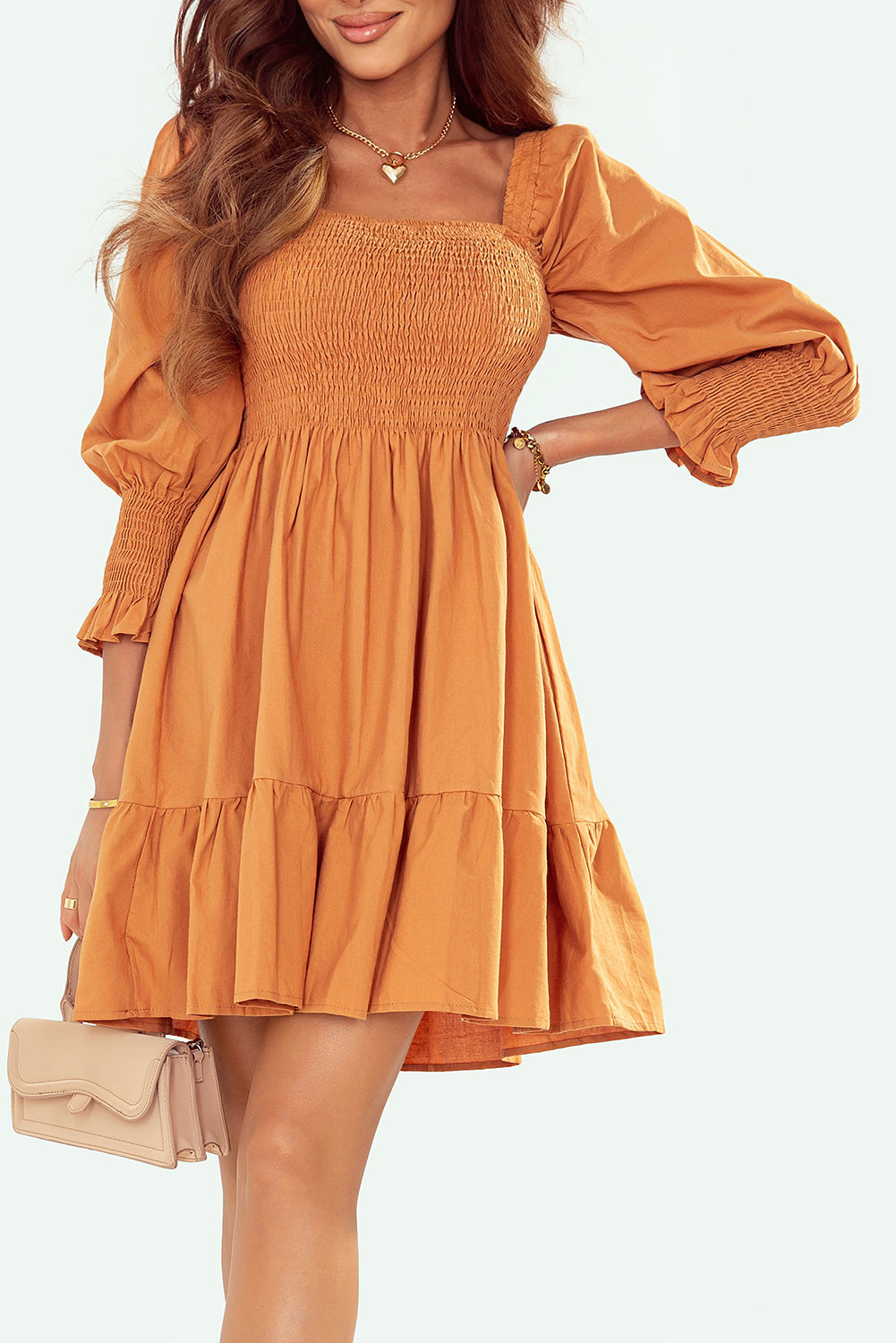 Square Neck Smocked Balloon Sleeve A-line Dress