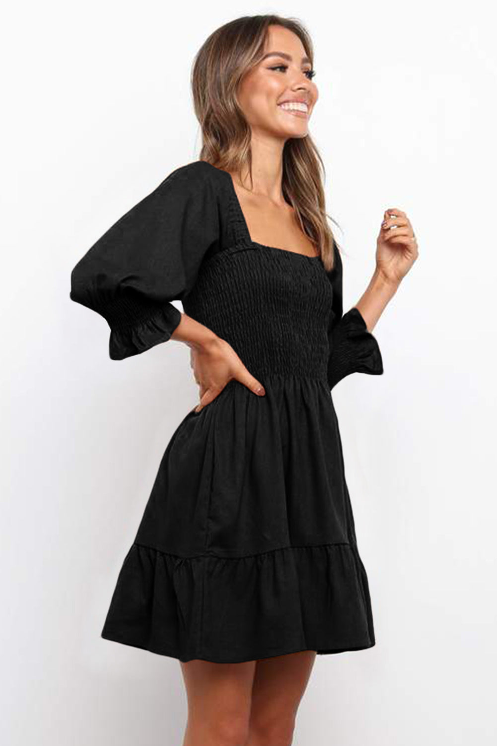 Square Neck Smocked Balloon Sleeve A-line Dress