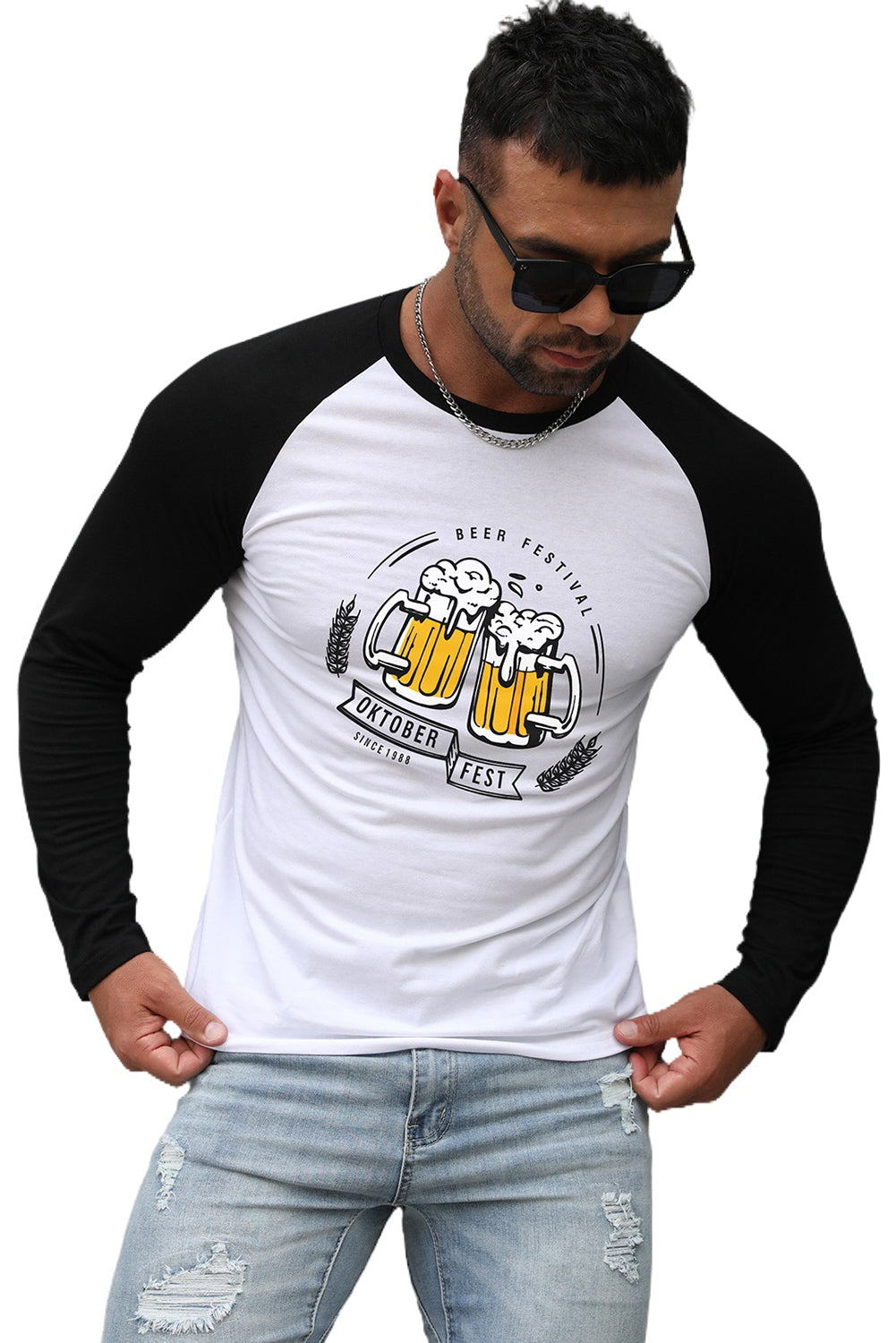Men's Letter Skull Print Color Block Long Sleeve Top