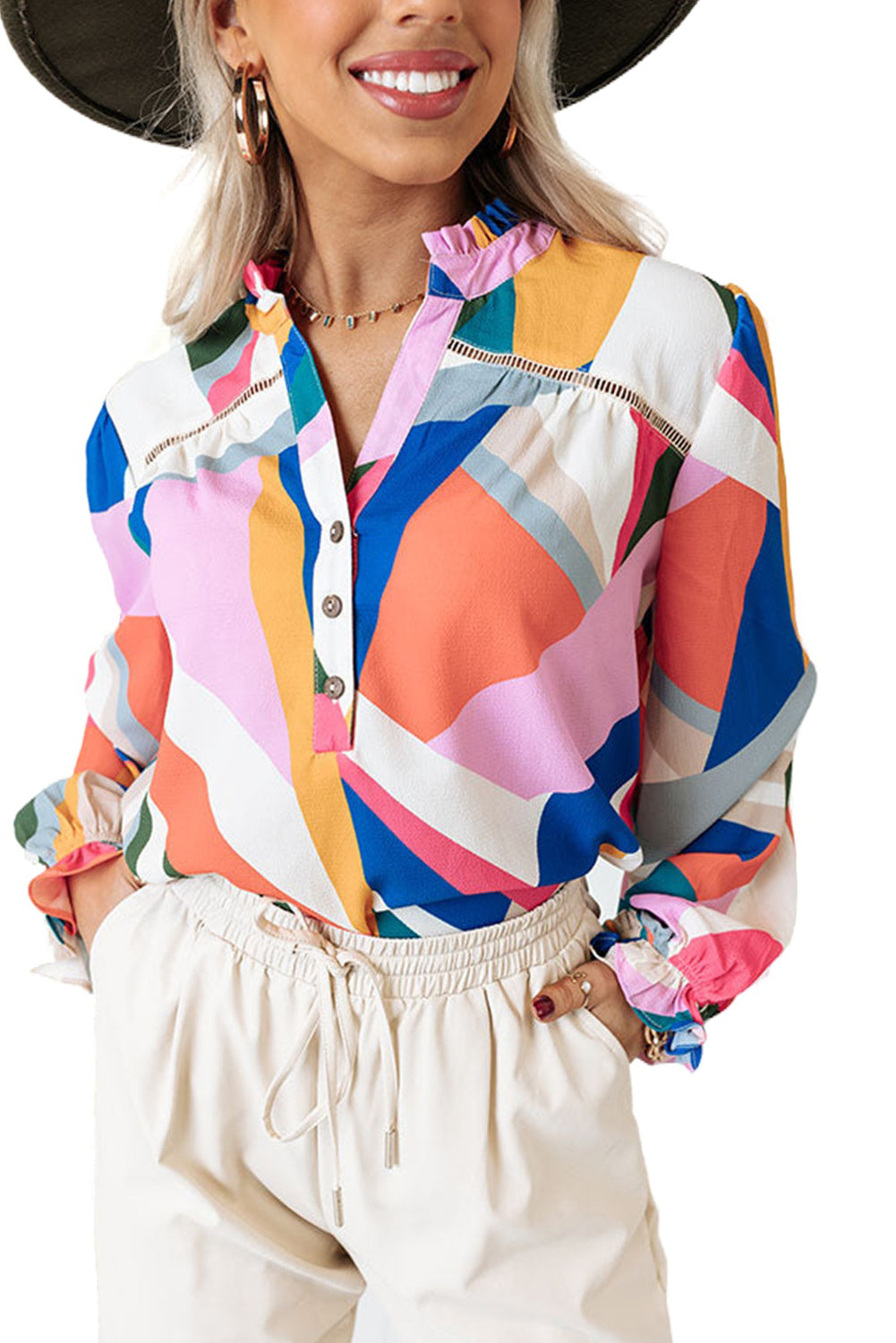 Geometric Patchwork Print Half Buttoned Blouse