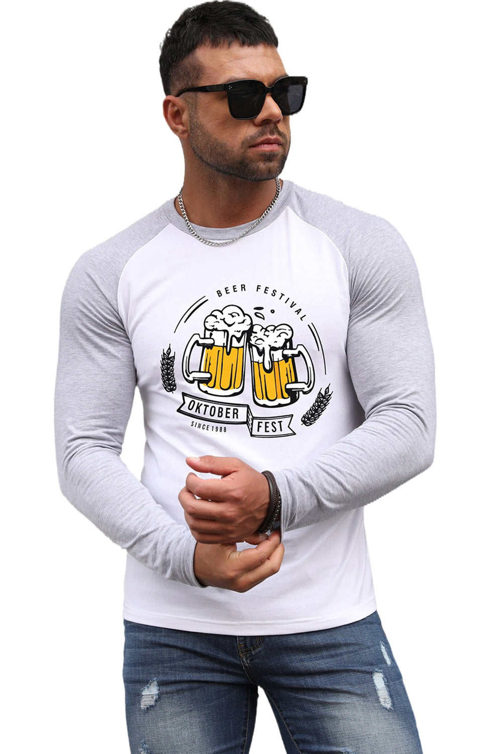 Men's Letter Skull Print Color Block Long Sleeve Top