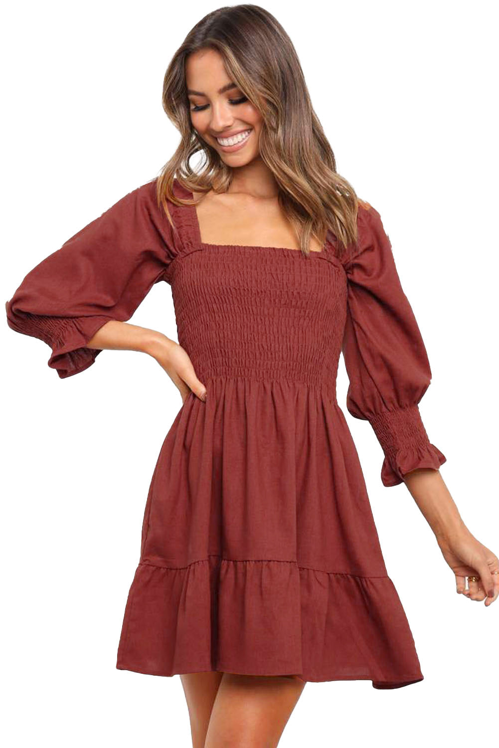 Square Neck Smocked Balloon Sleeve A-line Dress
