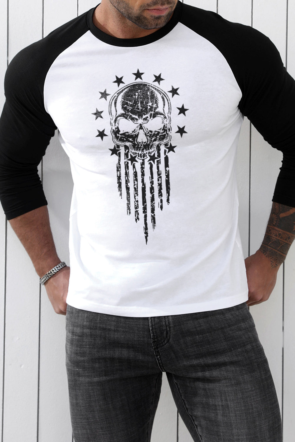 Men's Letter Skull Print Color Block Long Sleeve Top