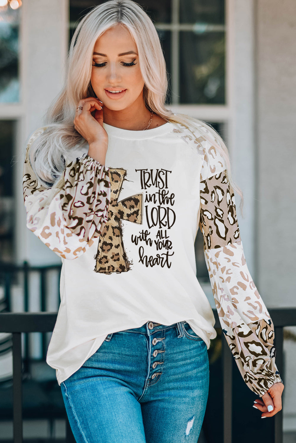 Beige Leopard Print Bubble Sleeve Top