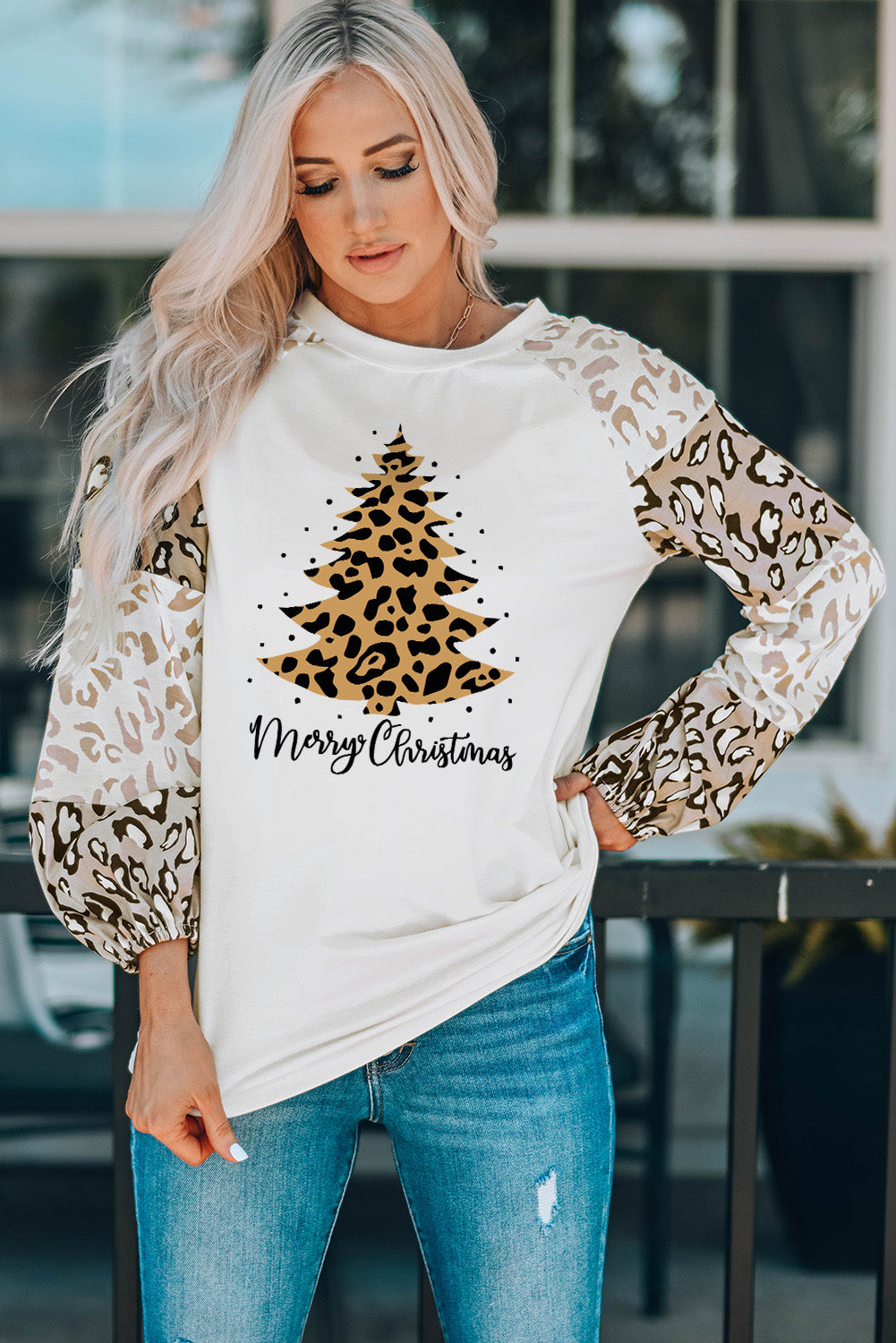 Beige Leopard Print Bubble Sleeve Top