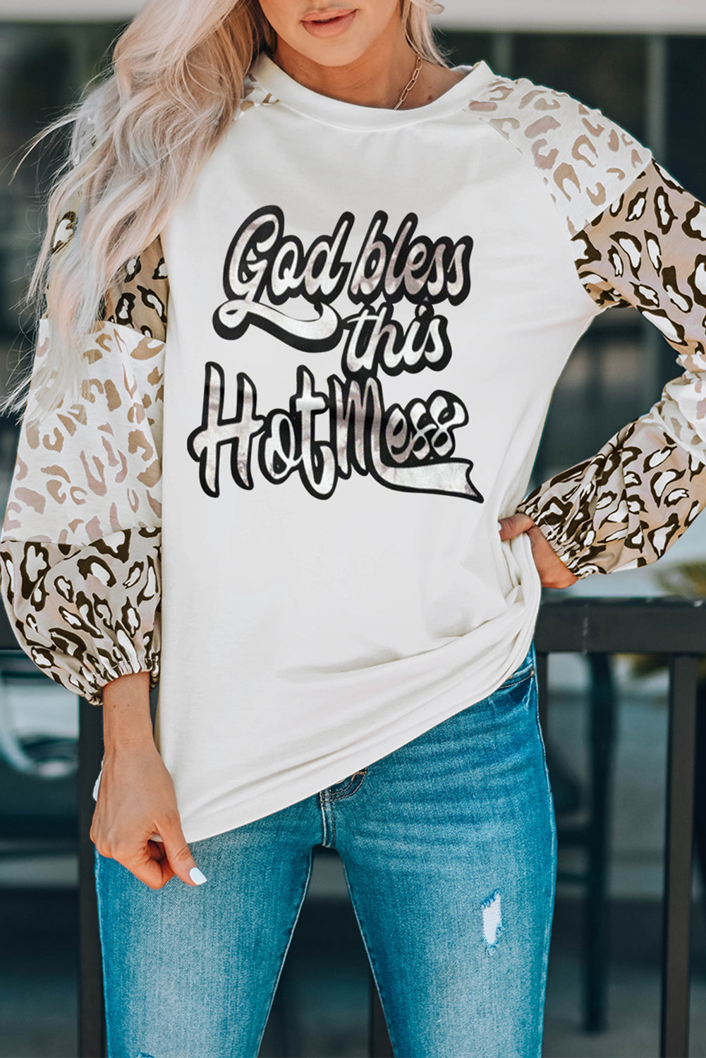 Beige Leopard Print Bubble Sleeve Top