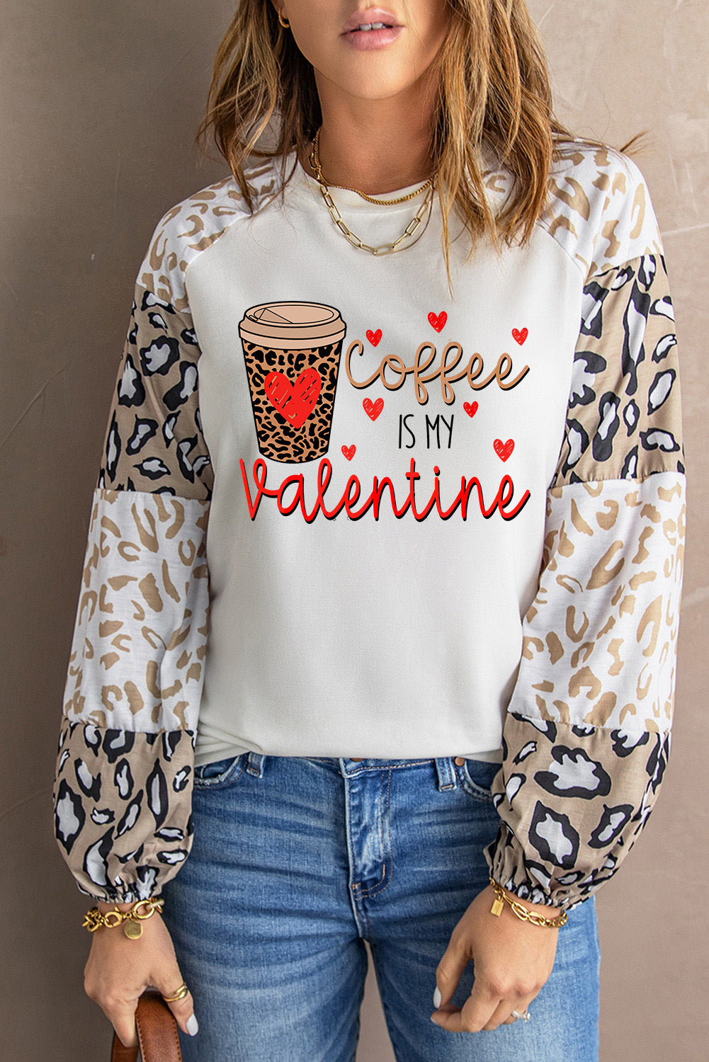 Beige Leopard Print Bubble Sleeve Top