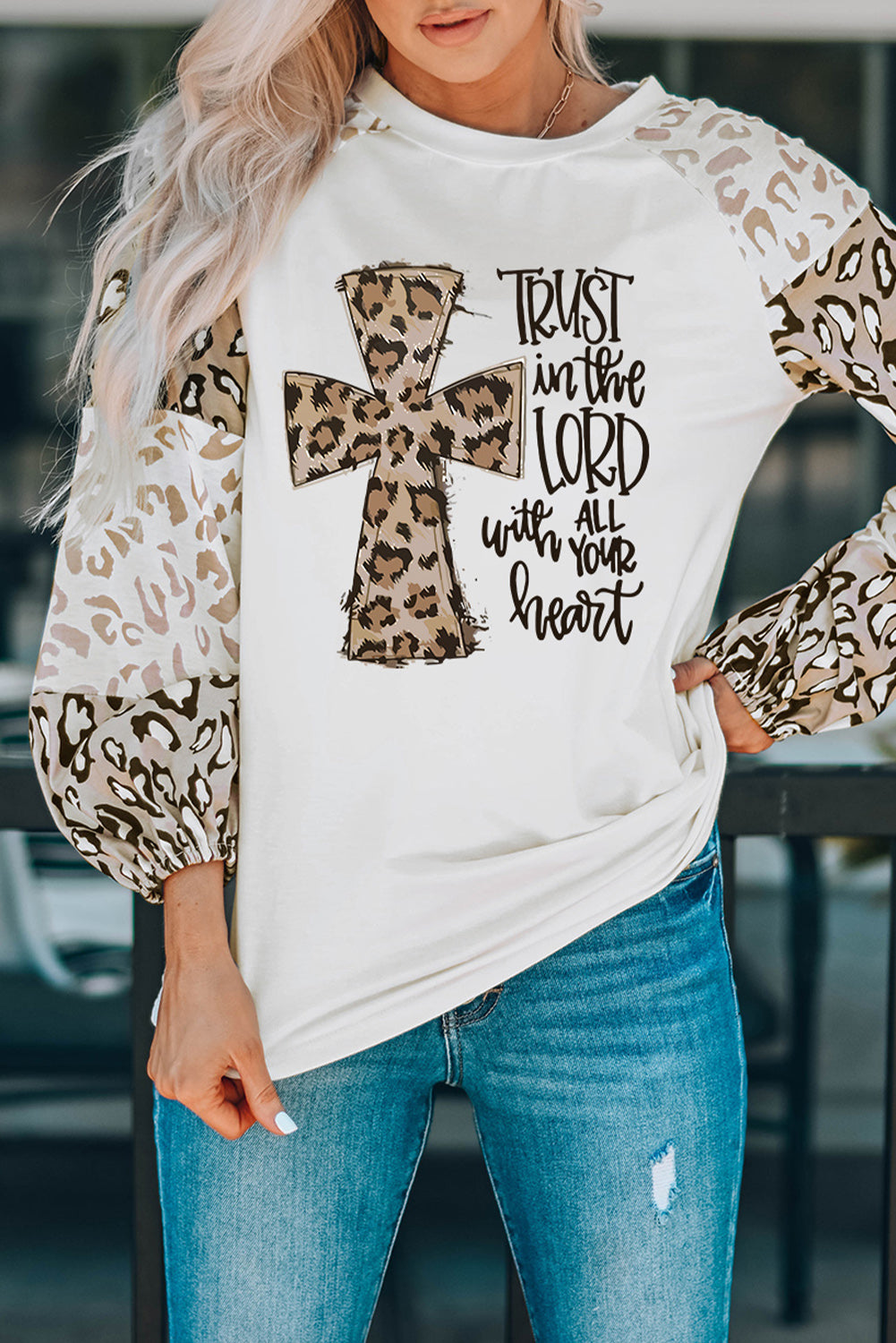 Beige Leopard Print Bubble Sleeve Top