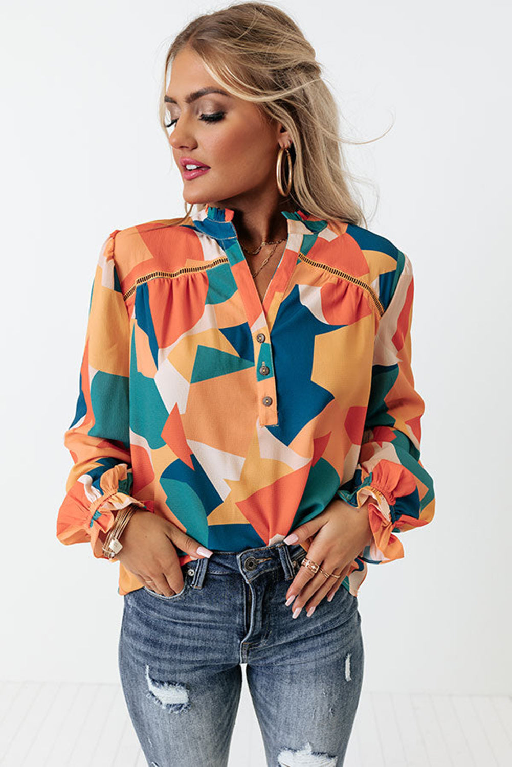 Geometric Patchwork Print Half Buttoned Blouse