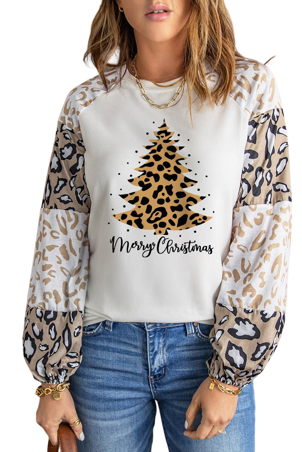 Beige Leopard Print Bubble Sleeve Top