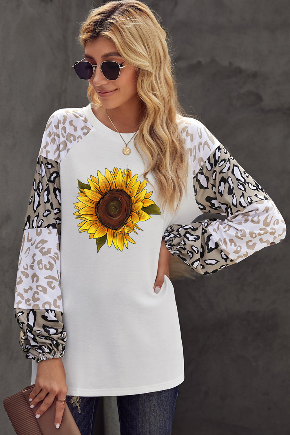 Beige Leopard Print Bubble Sleeve Top