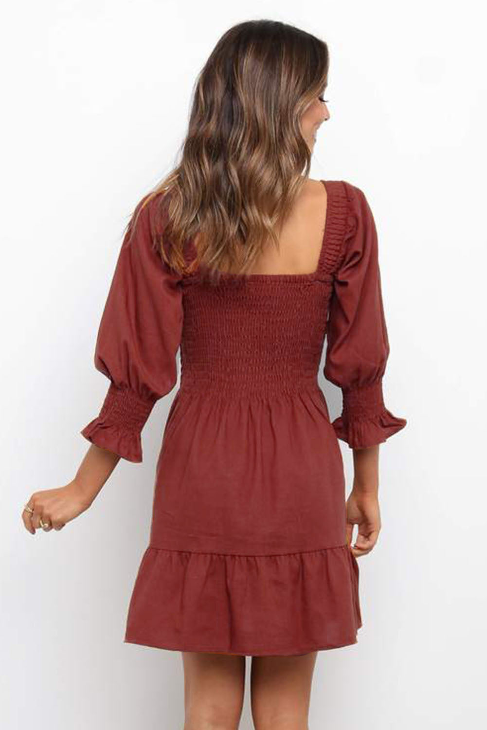 Square Neck Smocked Balloon Sleeve A-line Dress