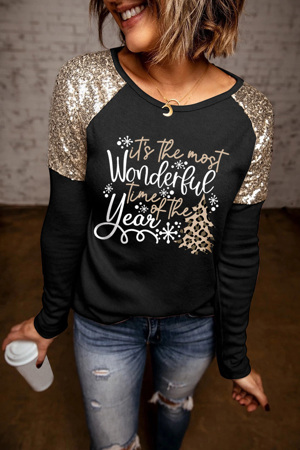 Let's Get Smashed Pumpkin Glitter Print Sequin Contrast Top