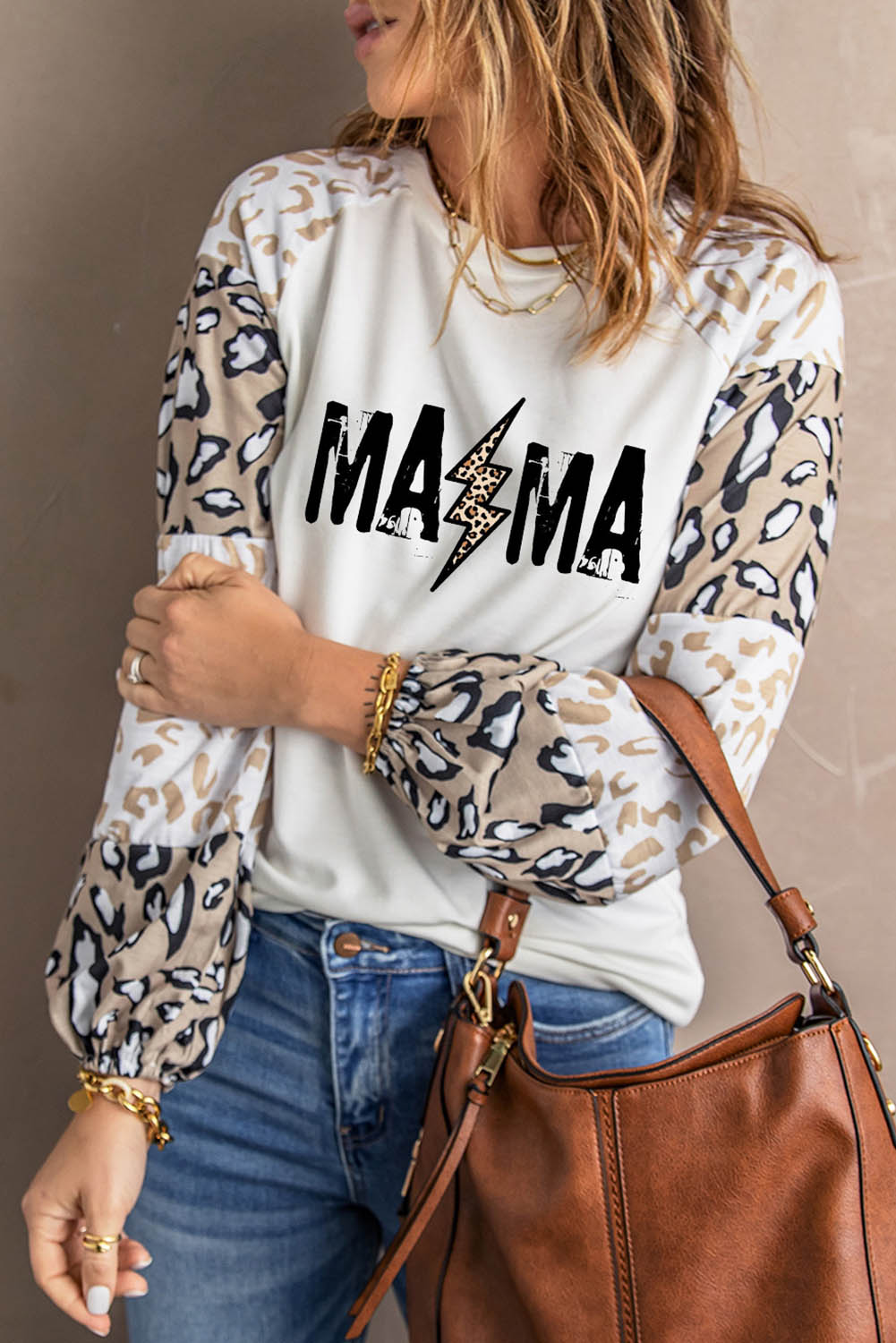 Beige Leopard Print Bubble Sleeve Top