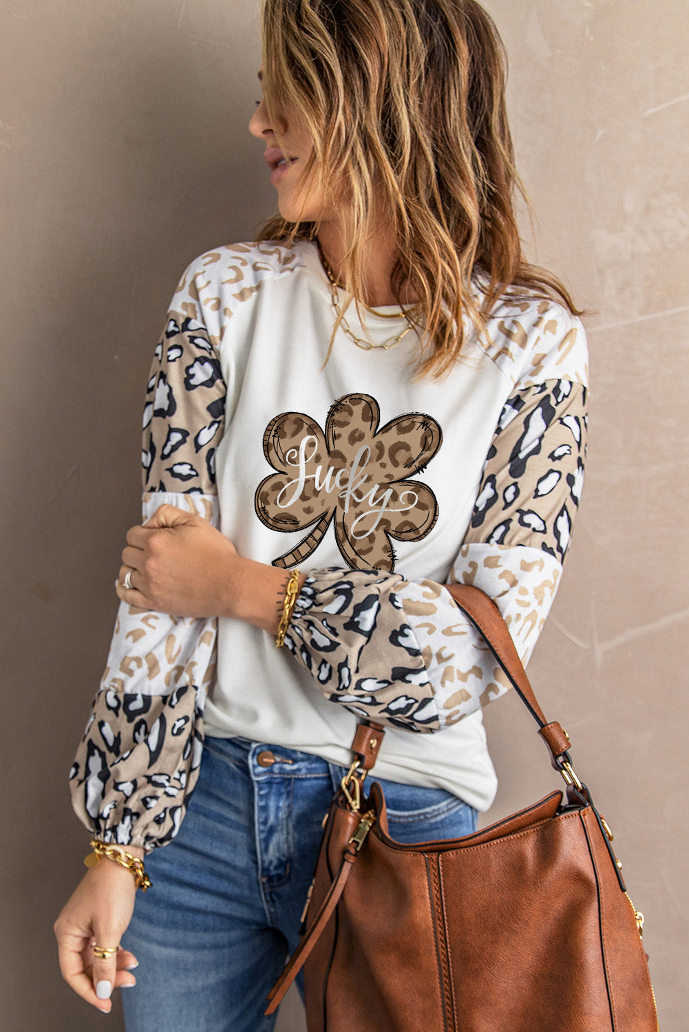 Beige Leopard Print Bubble Sleeve Top